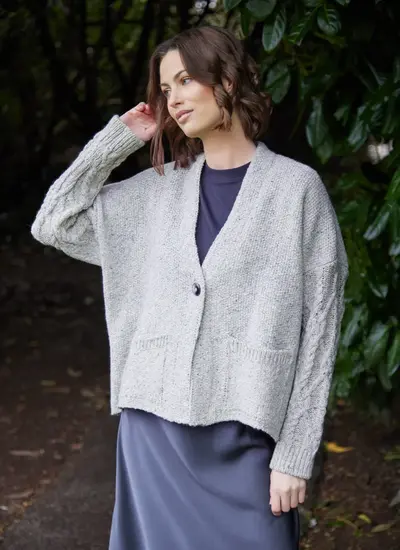 Alpaca Fleck Aran Sleeve Cardigan in Spearmint